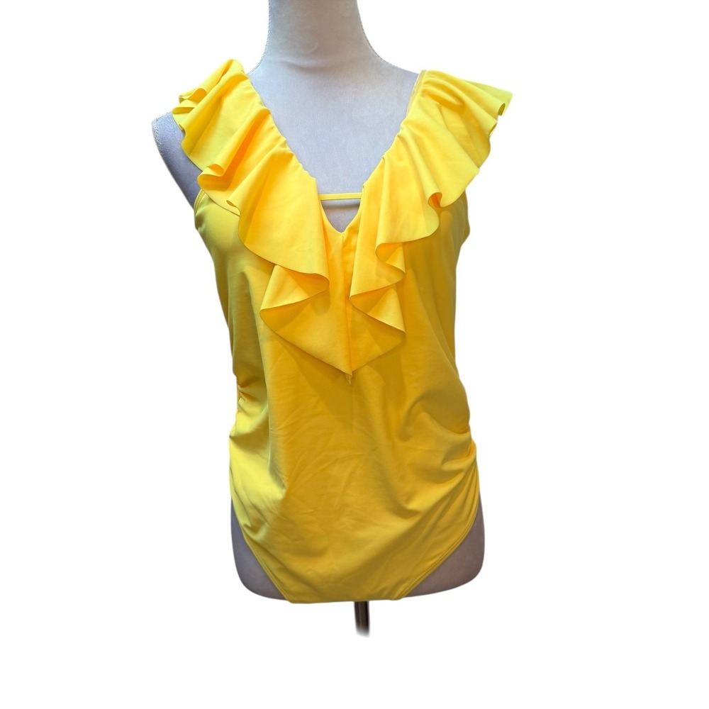Unbranded One Piece Swimsuit Women Small Yellow Ruffle V-Neck Ruched Beachwear